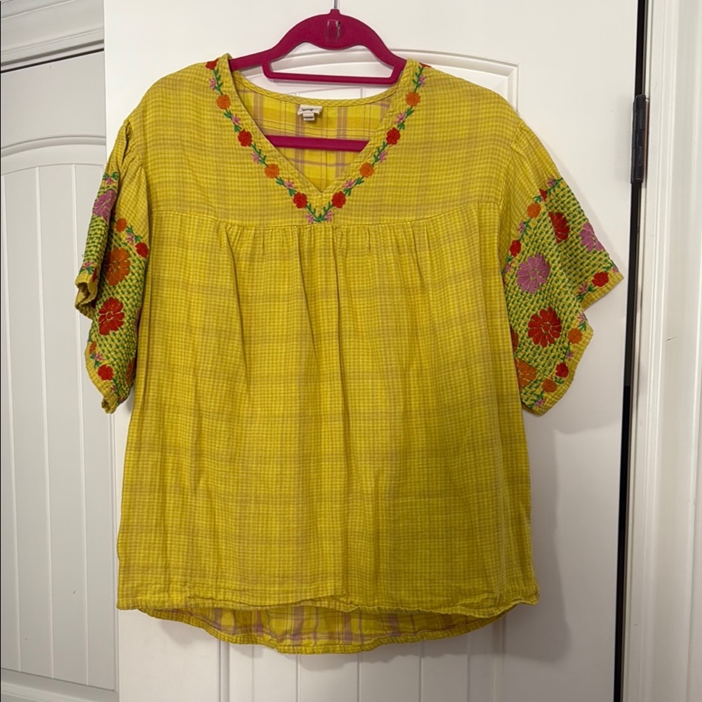 Ivy Jane Yellow Checkered Blouse with Floral Details